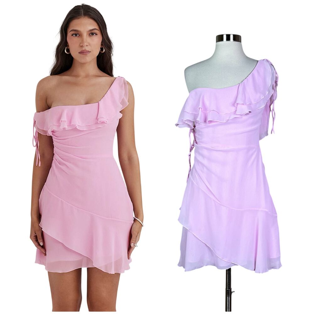 House of CB | Kalena Pink One Shoulder Ruffle Draped Fairy Mini Dress XS Tall